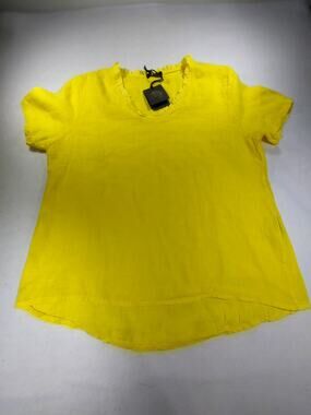 M Made in Italy Lemon Linen Top Ruffle V-Neck High-Low Hem Short Sleeve Blouse